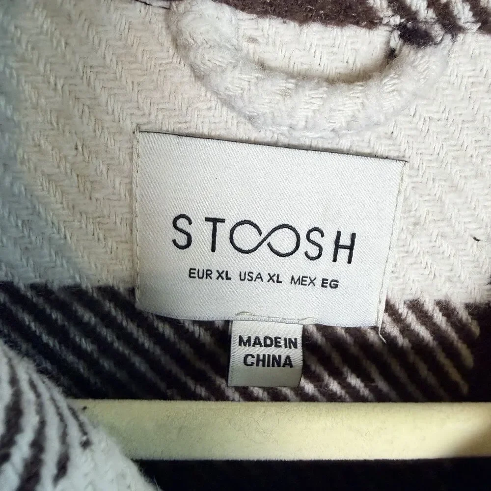 Stoosh Plaid Fringe Shacket Jacket Women's XL Brown Cream Button Front Buffalo